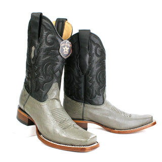 Pair of Men's Los Altos Gray smooth ostrich belly cowboy boots with square toe and stitched Western shaft