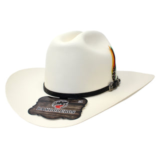 White cowboy hat with a black band and 'Bandoleros' logo on a white background