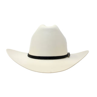 White cowboy hat with a black band on a white background