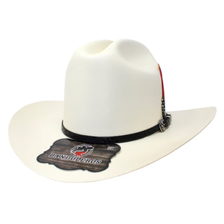White cowboy hat with a black band and 'Bandoleros' logo on a white background