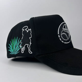 Black JG Hats cap featuring embroidered charro riding horse and agave plant on the right panel