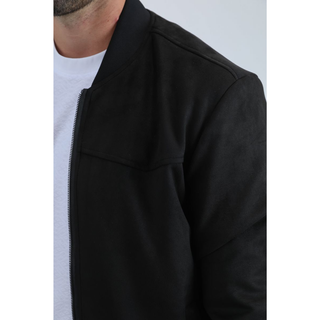 Platini fur-lined quilted black suede coat with front zipper, chest pocket, and modern fit winter style- close up of collar and zipper