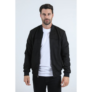 Platini fur-lined quilted black suede coat with front zipper, chest pocket, and modern fit winter style