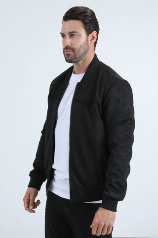 Platini fur-lined quilted black suede coat with front zipper, chest pocket, and modern fit winter style- side profile 