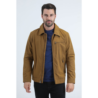 camel brown Platini fur-lined quilted canvas jacket with front zipper, chest pocket, and modern fit winter style- full jacket view 