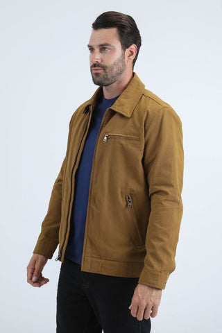 camel brown Platini fur-lined quilted canvas jacket with front zipper, chest pocket, and modern fit winter style- side profile