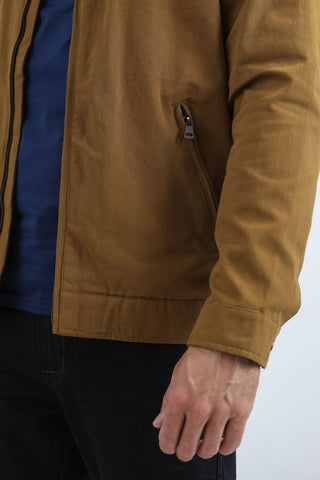 camel brown Platini fur-lined quilted canvas jacket with front zipper, chest pocket, and modern fit winter style- pocket and sleeve view 