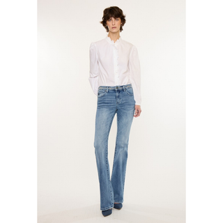 Front view mid rise flare jeans women