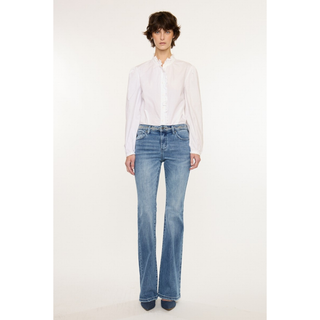 Front view mid rise flare jeans women