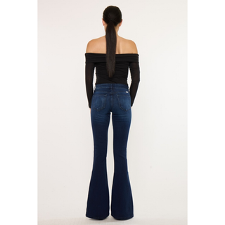 Kan Can dark wash mid rise flare jeans back view