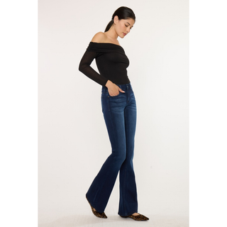 Side view fitted flare denim jeans