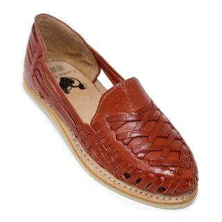 A Chestnut leather slip-on Sandal with a woven braided pattern across the upper