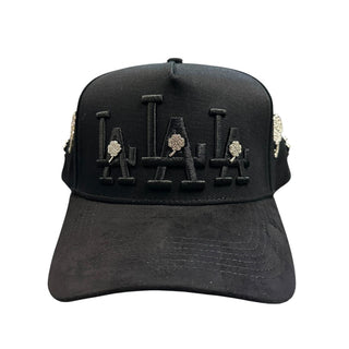 Black JG LA snapback hat with raised black embroidery and silver rhinestone clover accents