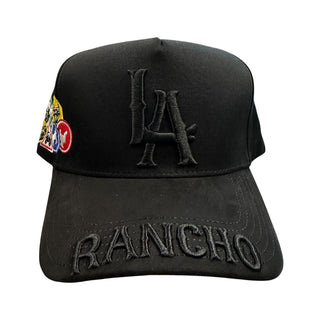 Black JG LA Rancho snapback hat with raised LA embroidery and Rancho stitched brim