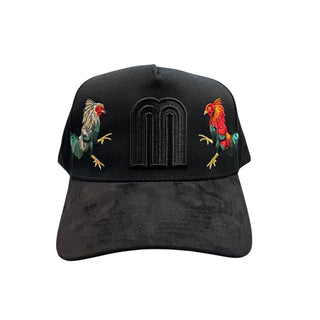 Black JG snapback hat with embroidered rooster artwork and raised tonal front logo