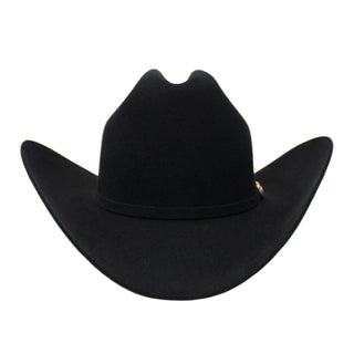 Front view of Larry Mahan Black 6X Hat with silver buckle band and structured brim.