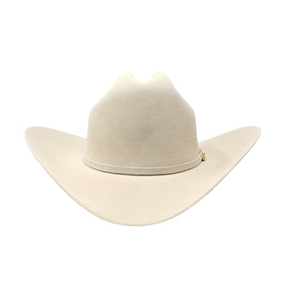 Front view of Larry Mahan belly 6X Hat with silver buckle band and structured brim.