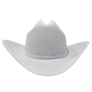 Front view of Larry Mahan Platinum 6X Hat with silver buckle band and structured brim.