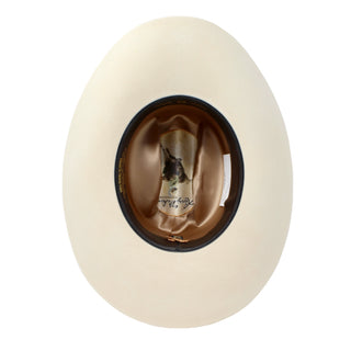 Interior view of Larry Mahan 6X Real Hat showing satin lining and leather sweatband.