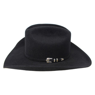 Side view of Larry Mahan 10X Jerarca Hat featuring the silver buckle set.