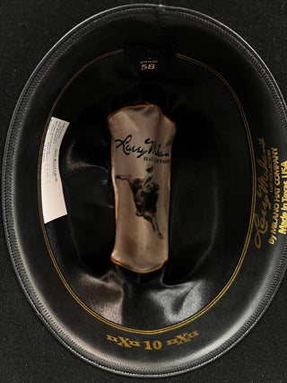 Interior of Larry Mahan 10X Jerarca Hat showing satin lining and leather sweatband.
