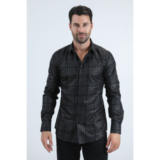 Man wearing a black long sleeve geometric print button-down shirt paired with jeans, modern men's fashion look- front profile