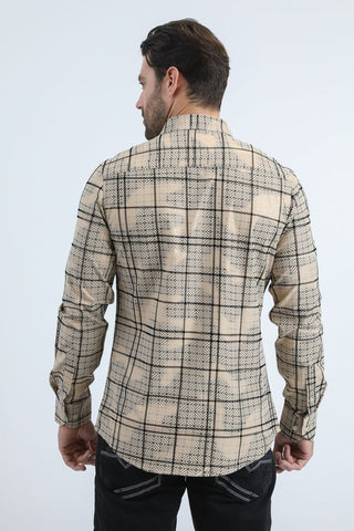 Man wearing a beige long sleeve geometric print button-down shirt paired with jeans, modern men's fashion look- back view 