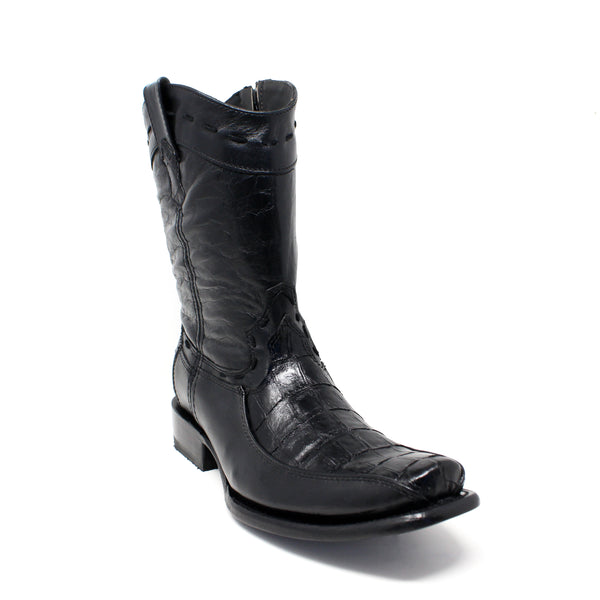 "Manuel" Artillero Imitation Caiman Belly Print Narrow Square Toe Leather Boot- Black