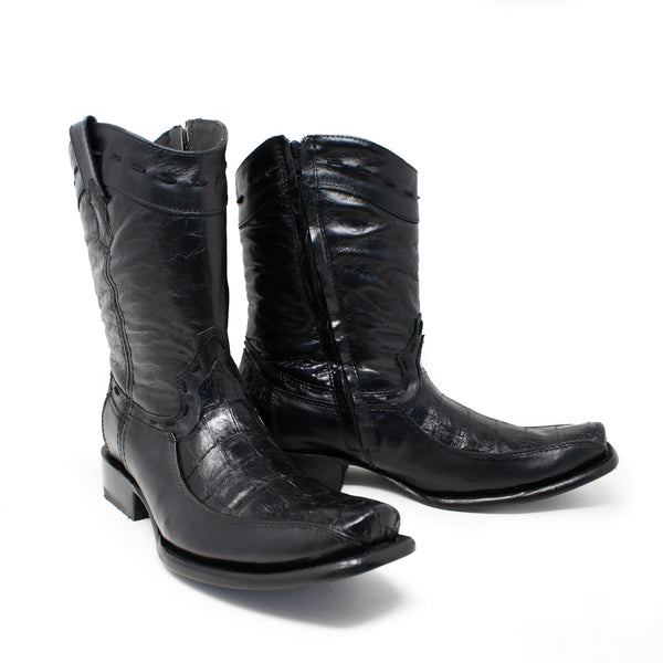 "Manuel" Artillero Imitation Caiman Belly Print Narrow Square Toe Leather Boot- Black