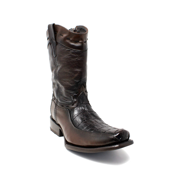 "Manuel" Artillero Imitation Caiman Belly Print Narrow Square Toe Leather Boot- Brown