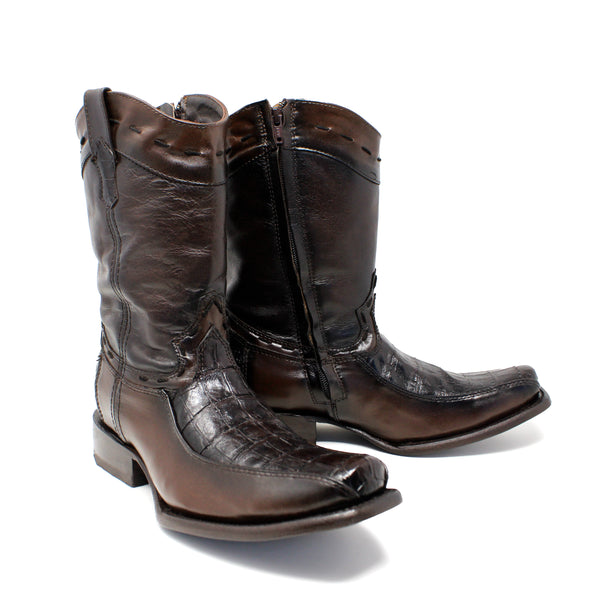 "Manuel" Artillero Imitation Caiman Belly Print Narrow Square Toe Leather Boot- Brown