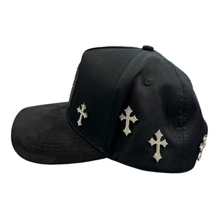 Side view of black JG snapback hat featuring silver rhinestone cross embellishments