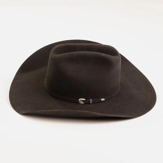 Brown cowboy hat with a belt on a white background