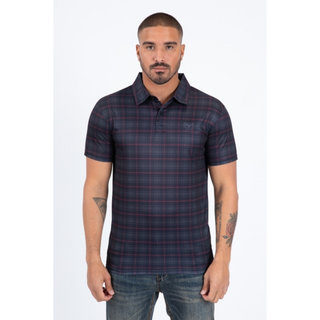 Front view of black polo with red plaid