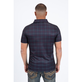 Back view of black polo with red plaid