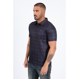 Side view of black polo with red plaid