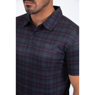 Close up view of black polo with red plaid