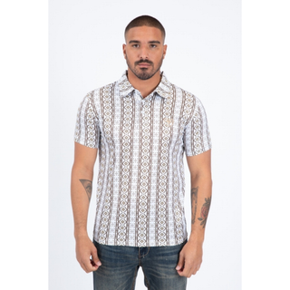 White polo with vertical brown aztec design