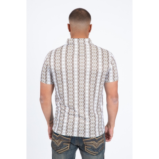Back view of white polo with vertical brown aztec design