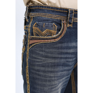 Close-up of front pocket and coin pocket on Platini Holt Dark Stone Slim Boot Cut Jeans with contrast stitching.
