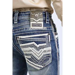 Close-up of Platini Holt men's blue jeans showcasing the embroidered back pocket and brown Platini leather patch with bull logo.