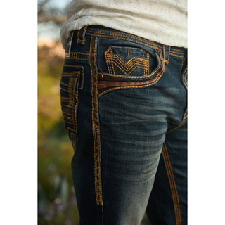 Close-up of front pocket and coin pocket on Platini Holt Dark Stone Slim Boot Cut Jeans with contrast stitching.