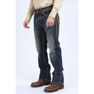 Side angle of Platini Holt Men’s Dark Stone Slim Boot Cut Jeans showing denim fading and boot cut fit.