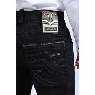 Back pocket view of Platini Holt men's black slim boot cut jeans with detailed black embroidery