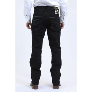 Rear full-body view of Platini Holt men's black slim boot cut jeans with embroidered pockets and Platini logo patch