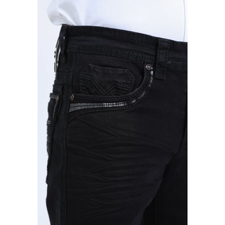 Close-up of Platini Holt men's black slim boot cut jeans showing embroidered coin pocket and textured trim