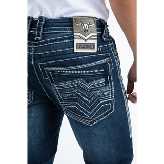 Platini men’s slim bootcut jeans in black with detailed triple-stitch design and embroidered back pockets, featuring a modern western look- pocket vie3w 