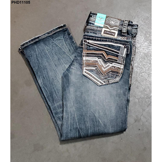 Platini men’s slim bootcut jeans in blue stone wash with detailed triple-stitch design and embroidered back pockets, featuring a modern western look