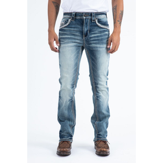Platini men’s slim bootcut jeans in blue stone wash with detailed triple-stitch design and embroidered back pockets, featuring a modern western look