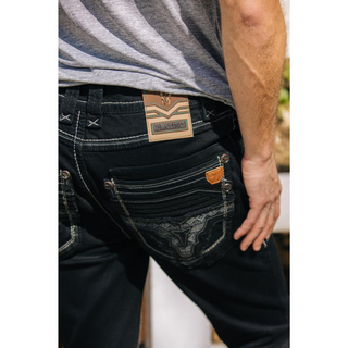 Platini men’s black Western slim straight jeans paired with boots- Back Pocket view 